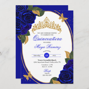 Invitación Rosas azules Purpurina de oro mariposa Quinceañera