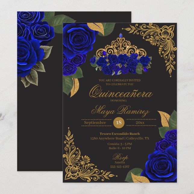 Invitación Rosas azules Purpurina de oro negro Tiara Quinceañ (Anverso / Reverso)