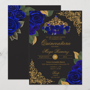 Invitación Rosas azules Purpurina de oro negro Tiara Quinceañ