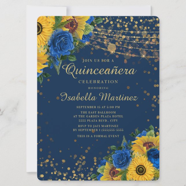 Invitación Rosas Azules Purpurina de oro Quinceanera (Anverso)