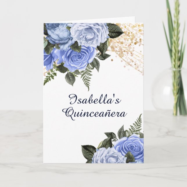 Invitación Rosas azules Purpurina de oro Quinceañera Foto (Anverso)