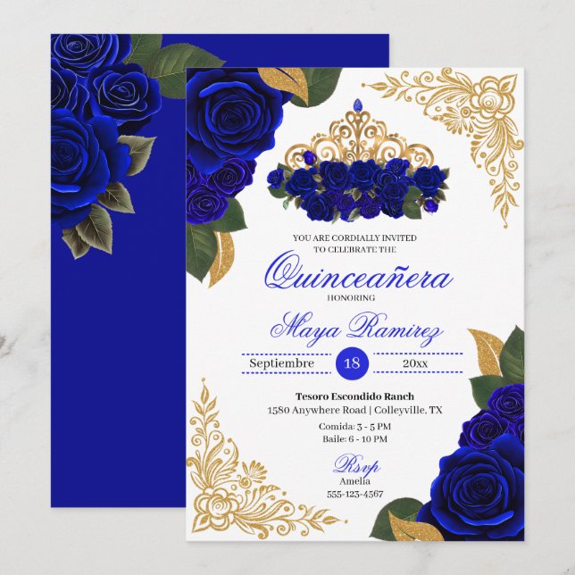 Invitación Rosas azules Purpurina de oro tramas Tiara Quincea (Anverso / Reverso)