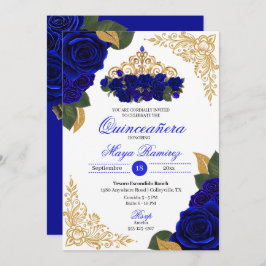 Invitación Rosas azules Purpurina de oro tramas Tiara Quincea