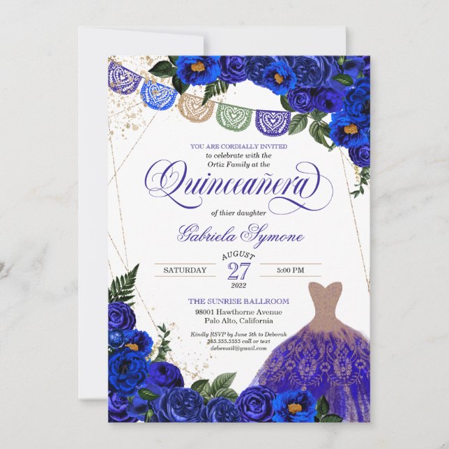 Invitación Rosas azules Purpurina vestida Fiesta Quinceañera  (Anverso)