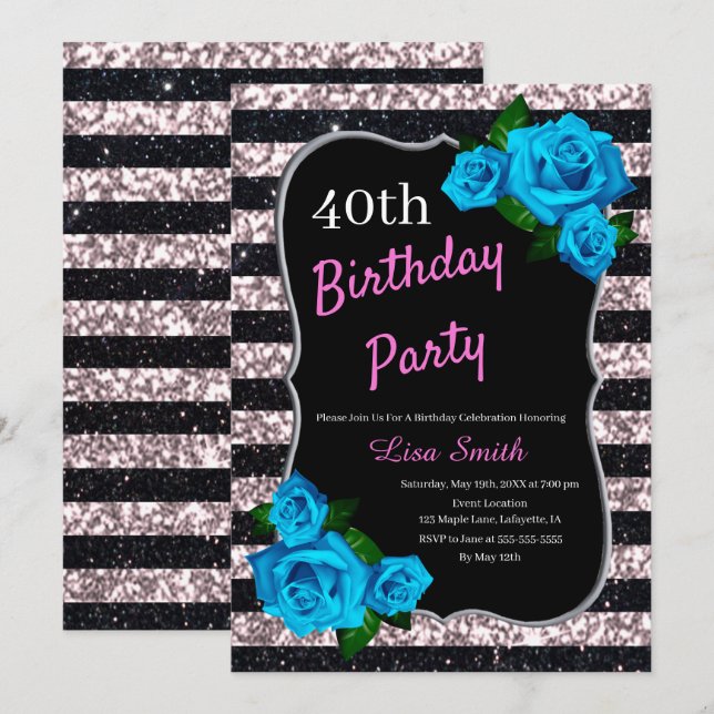 Invitación Rosas azules Purpurinas de franjas rosadas negras (Anverso / Reverso)