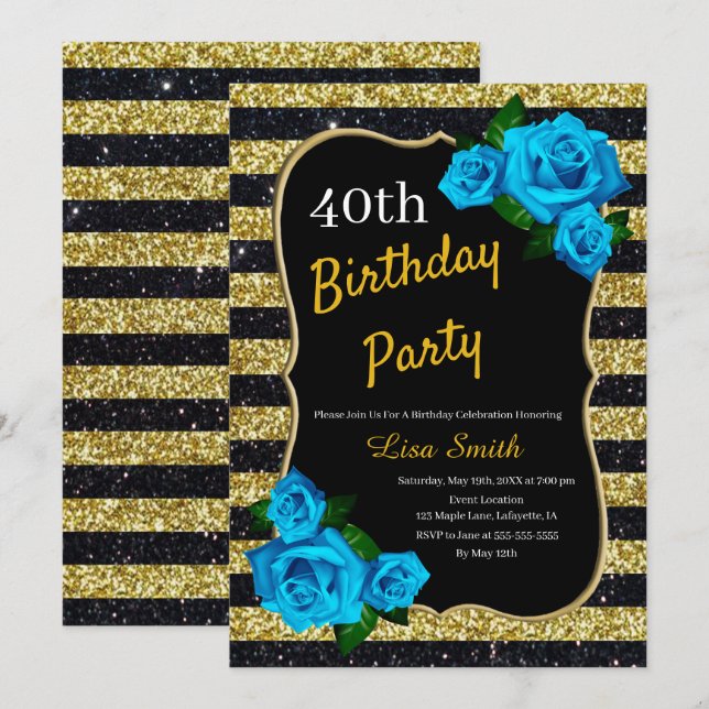 Invitación Rosas azules Purpurinas de las franjas negras de o (Anverso / Reverso)