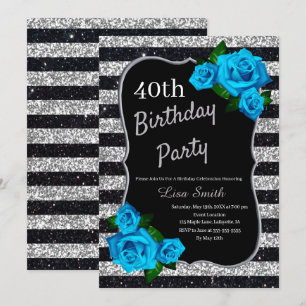 Invitación Rosas azules Purpurinas de rayas negras plateadas