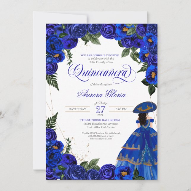 Invitación Rosas Azules Reales Elegantes Vestido Carro Quince (Anverso)