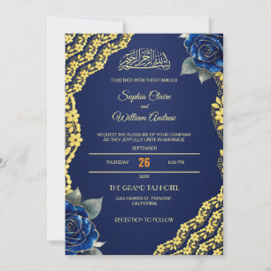 Invitación Rosas Azules Reales Encaje Dorado Código QR Boda 