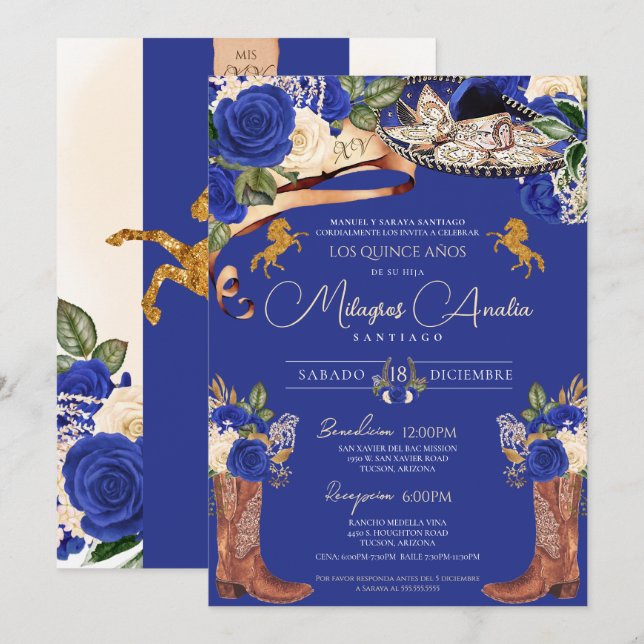 Invitación Rosas azules reales Fancy Mariachi Charro Quincean (Anverso / Reverso)