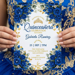 Invitación Rosas Azules Reales Quinceañera Mariposas Doradas