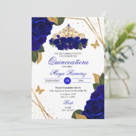 Invitación Rosas azules reales Tiara Purpurina de oro Quincea