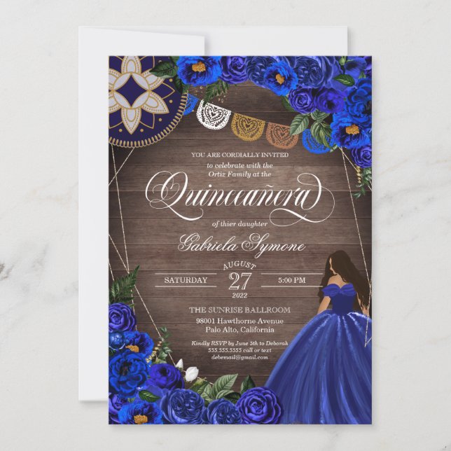 Invitación Rosas Azules Reales Vestido Charro Quinceanera Occ (Anverso)
