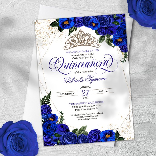 Invitación Rosas azules reales y Tiara de oro elegante Quince (Subido por el creador)