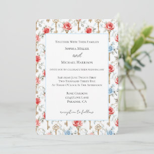 Invitación Rosas Azules Rojas Bodas Llaves Doradas