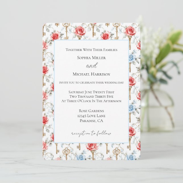 Invitación Rosas Azules Rojas Bodas Llaves Doradas (Anverso de pie)