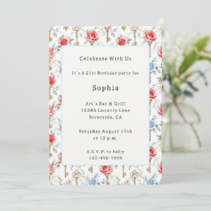 Invitación Rosas Azules Rojas Llaves Doradas Cumpleaños