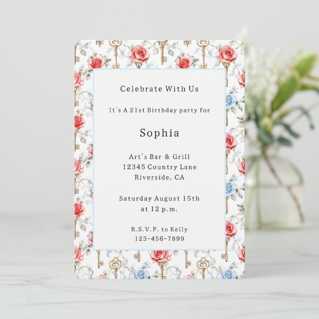 Invitación Rosas Azules Rojas Llaves Doradas Cumpleaños (Anverso de pie)