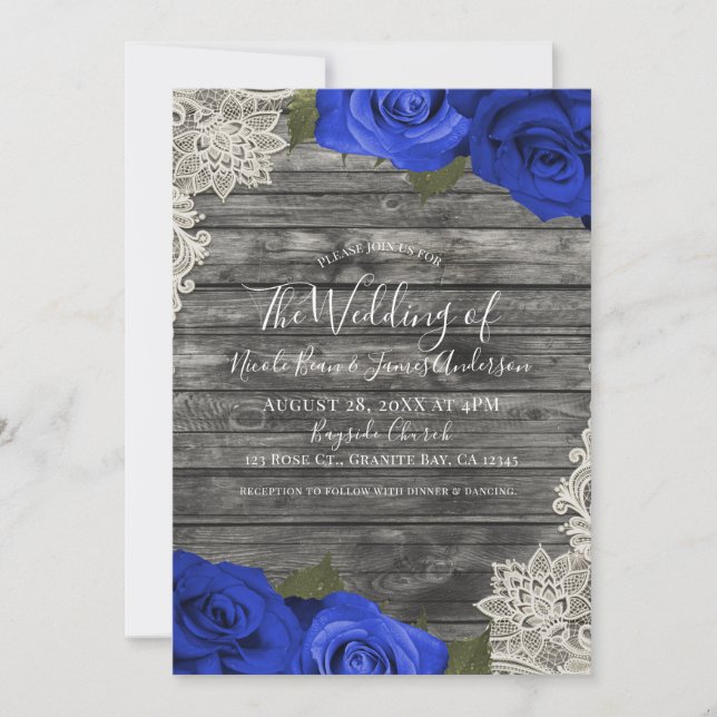 Invitación Rosas Azules Rustico Madera Crema Encaje de Boda M (Anverso)
