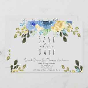 Invitación Rosas azules y amarillas en gris suave
