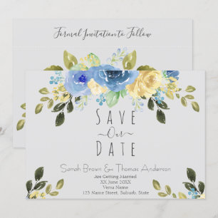 Invitación Rosas azules y amarillas sobre gris suave