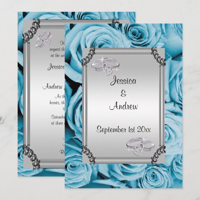 Invitación Rosas azules y anillos de Bodas de diamantes (Anverso / Reverso)
