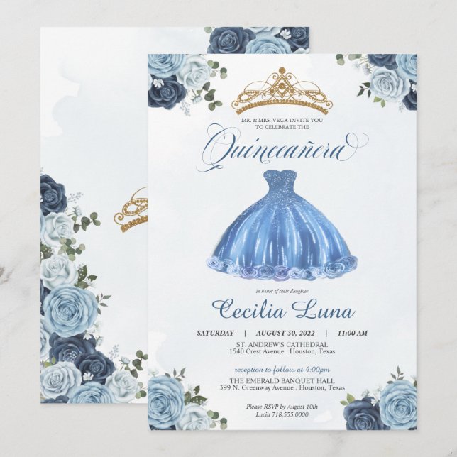 Invitación Rosas azules y blancas Princesa Quinceañera Cumple (Anverso / Reverso)