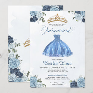 Invitación Rosas azules y blancas Princesa Quinceañera Cumple