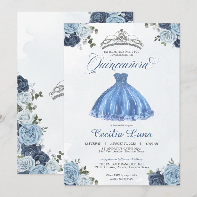 Invitación Rosas azules y blancas Princesa Quinceañera Cumple (Anverso / Reverso)