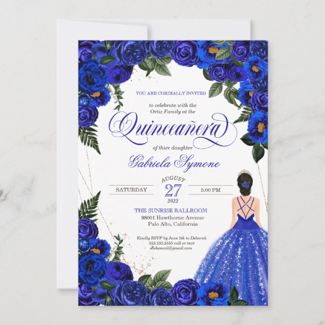 Invitación Rosas azules y bolas de oro en Quinceanera Inv (Anverso)