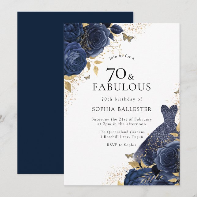 Invitación Rosas Azules y Doradas 70 & Fabulosas 70th (Anverso / Reverso)