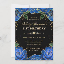 Invitación Rosas azules y doradas Floral Cumpleaños 21
