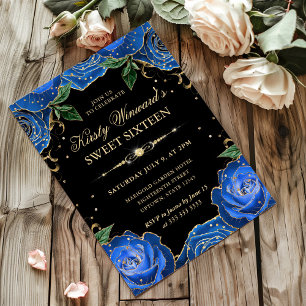Invitación Rosas azules y doradas Sweet Sixteen floral