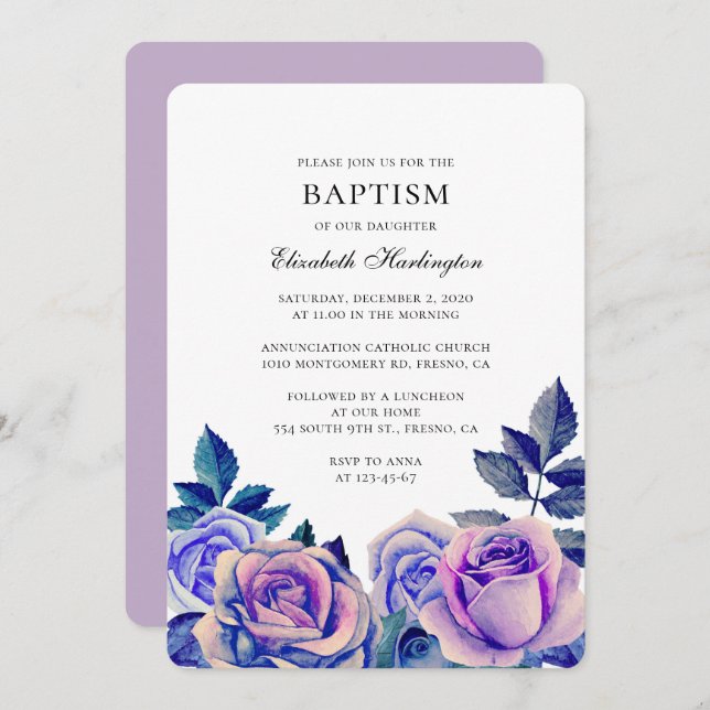 Invitación Rosas azules y morados. Bautismo floral acuarela (Anverso / Reverso)