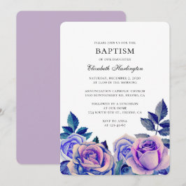 Invitación Rosas azules y morados. Bautismo floral acuarela