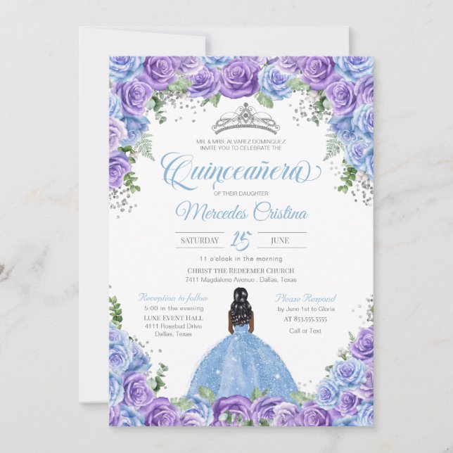 Invitación Rosas azules y púrpura y plata Tiara Quinceanera I (Anverso)