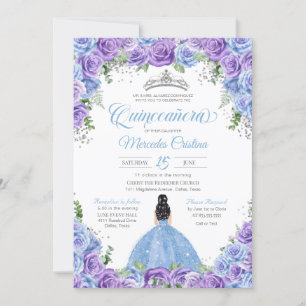 Invitación Rosas azules y púrpura y plata Tiara Quinceanera I