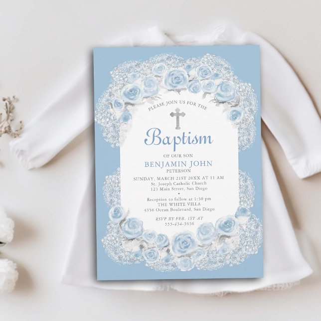 Invitación Rosas Bebé Respiración Azul Blanco Elegante Baptis (boy baby baptism invitation christening elegant classy floral frame roses babys breath religious)