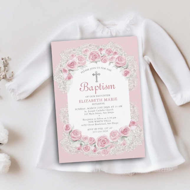 Invitación Rosas Bebé Respiración Blanco Rosa Elegante Baptis (delicate roses babys breath floral frame baby girl baptism christening invitation elegant classy)