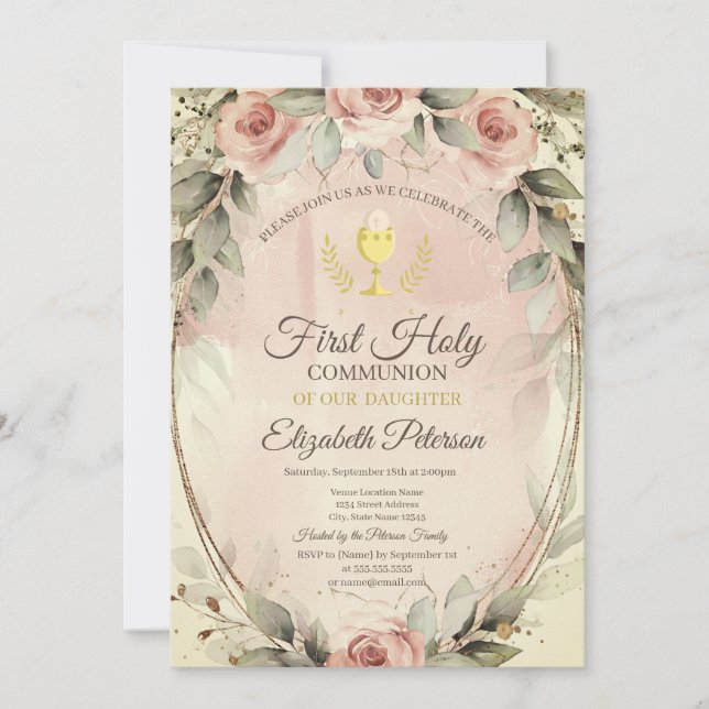 Invitación Rosas Beige Acuarela Primera Comunión (Anverso)