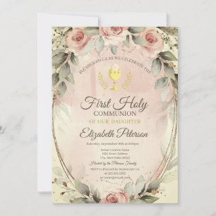 Invitación Rosas Beige Acuarela Primera Comunión