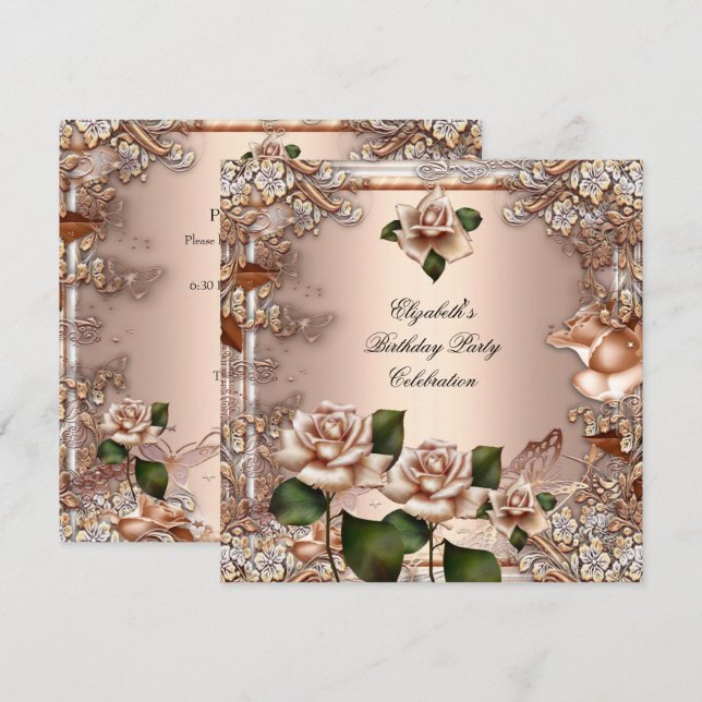 Invitación Rosas Beige Cream Gold Elegant Fiesta de Cumpleaño (Anverso / Reverso)