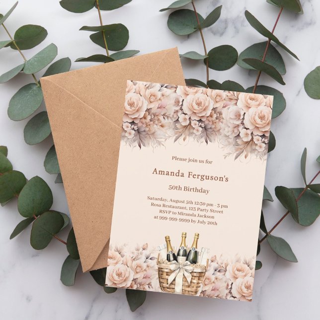 Invitación Rosas beige crema florines boho cumpleaños de lujo (Subido por el creador)
