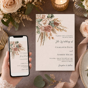 Invitación Rosas beige taupe hierba de pampas boda de lujo