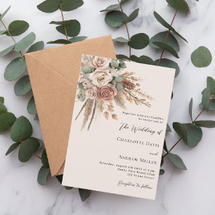 Invitación Rosas beige taupe hierba de pampas boda de lujo