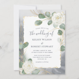 Invitación Rosas blancas acuarela verde gris dorado boda