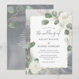Invitación Rosas blancas acuarela verde gris dorado boda