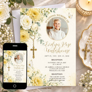 Invitación Rosas Blancas Amarillas Funeral Católico Floral Fo