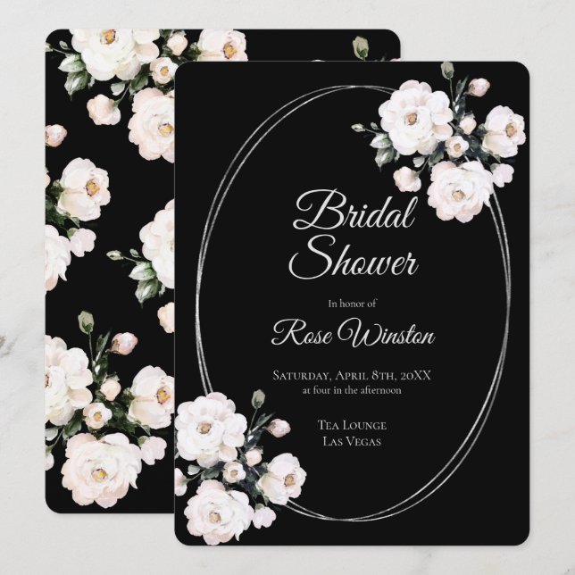 Invitación Rosas blancas Anillos plateados Ducha nupcial negr (Anverso / Reverso)