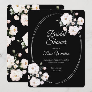 Invitación Rosas blancas Anillos plateados Ducha nupcial negr